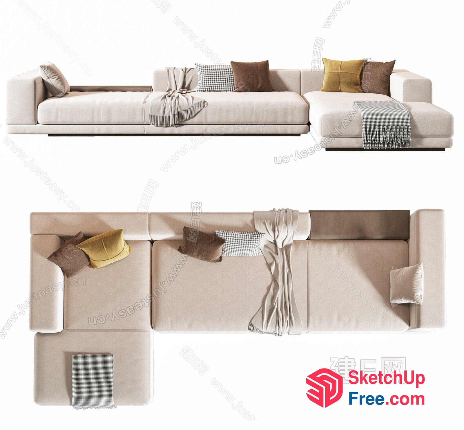 Modern L-Shaped Sofa With Pillows And Blankets 3D SketchUp File