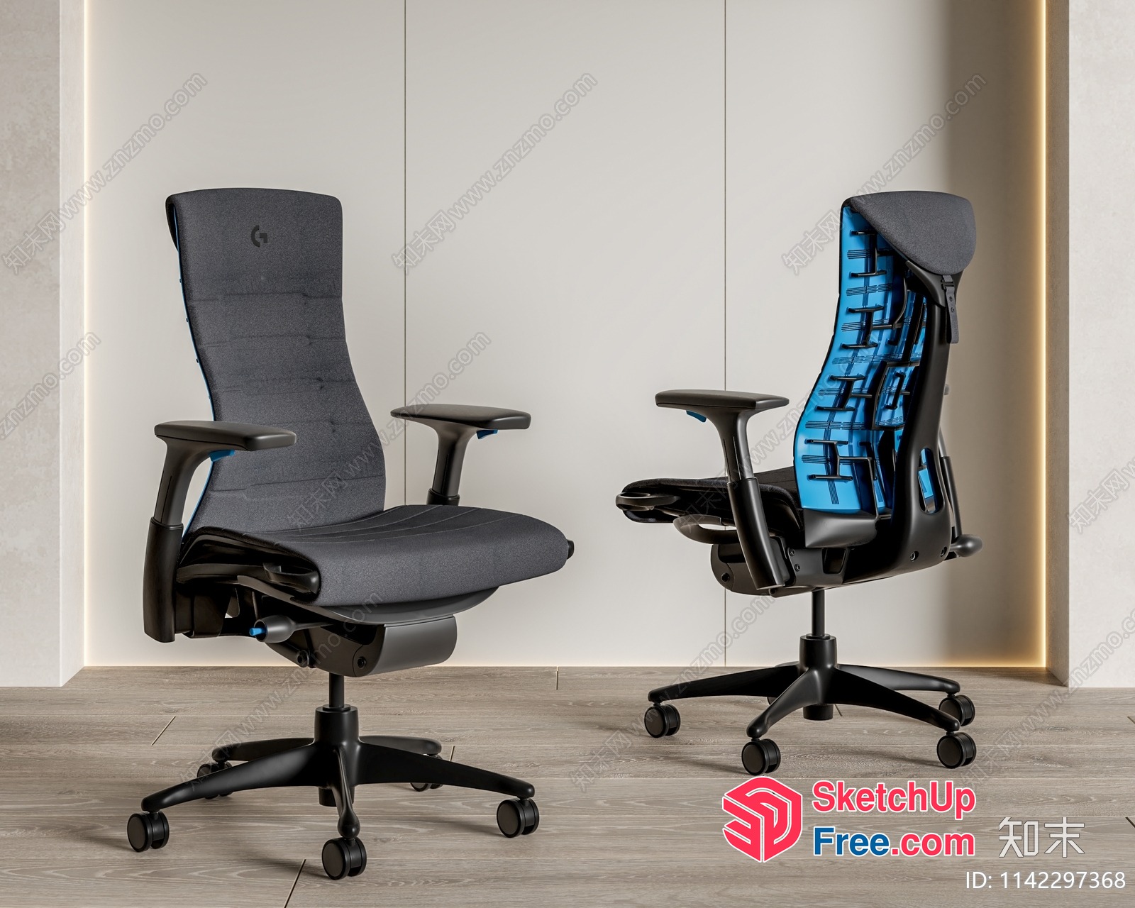 Modern Office Chairs With Blue Accent And Wheels 3D SketchUp File