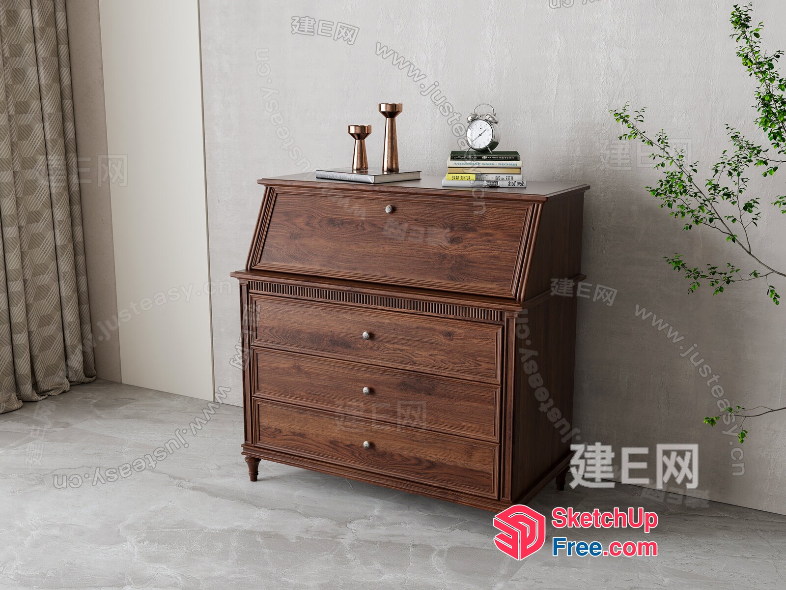 Classic Wood Dresser With Three Drawers And Sliding Desk 3D SketchUp File