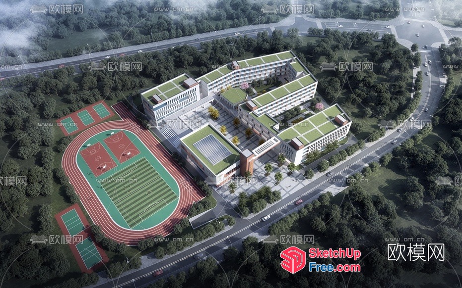 Aerial View Of A Modern School Building With Sports Facilities 3D SketchUp File
