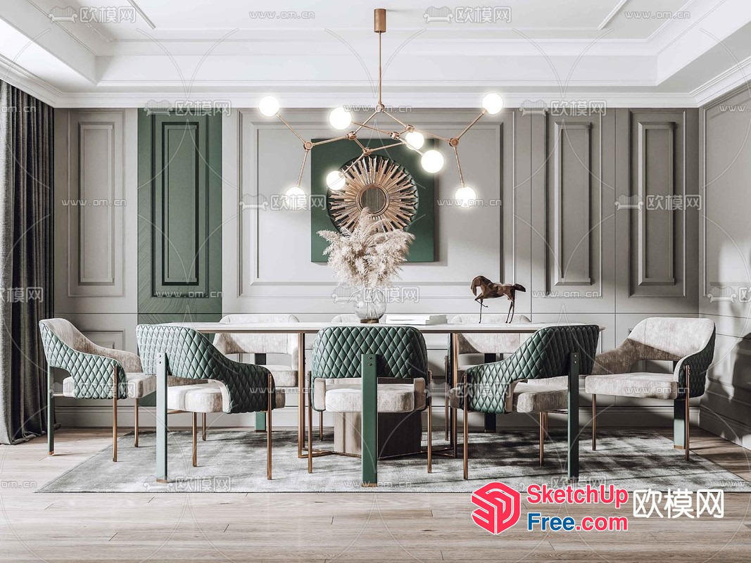 Elegant Dining Room With Modern Lighting And Green Accents 3D SketchUp File