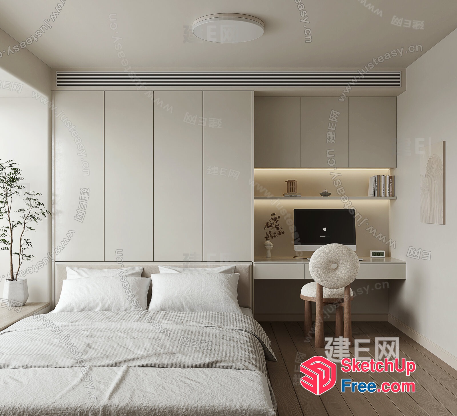 Minimalist Bedroom With White Furniture And Wood Floor 3D SketchUp File