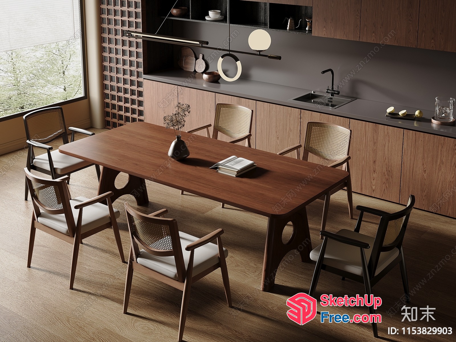 Modern Minimalist Dining Room With Wooden Table And Chairs 3D SketchUp File