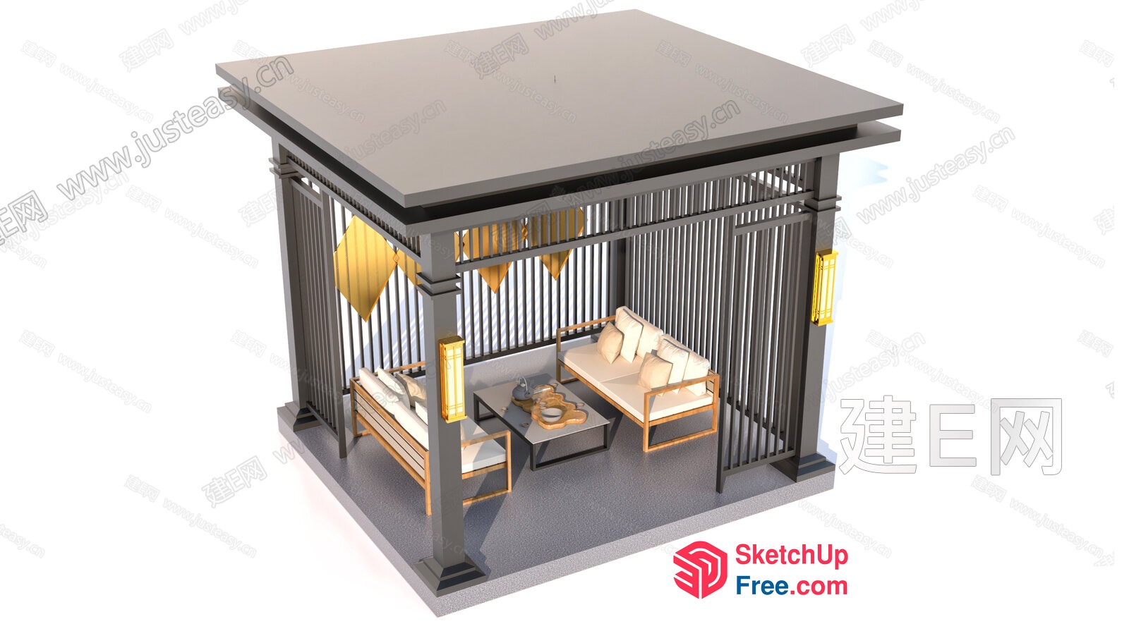 Luxury Outdoor Seating Area With White Cushions And Black Frame 3D SketchUp File