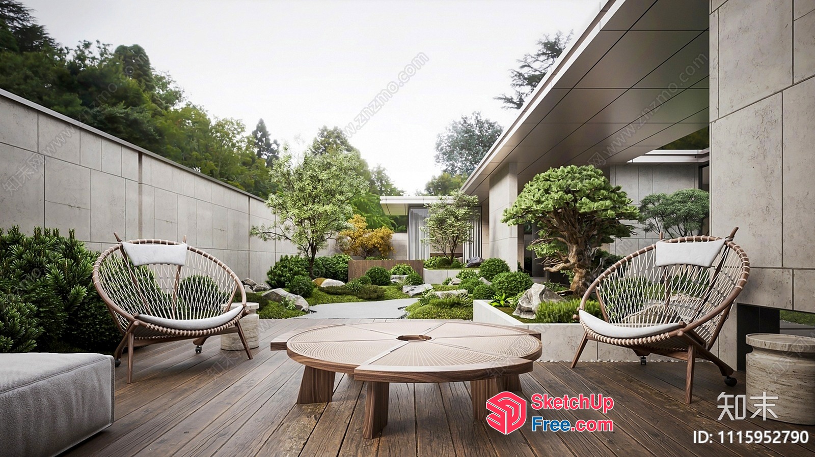 Modern Japanese-Inspired Outdoor Patio With Natural Wood Accents 3D SketchUp File