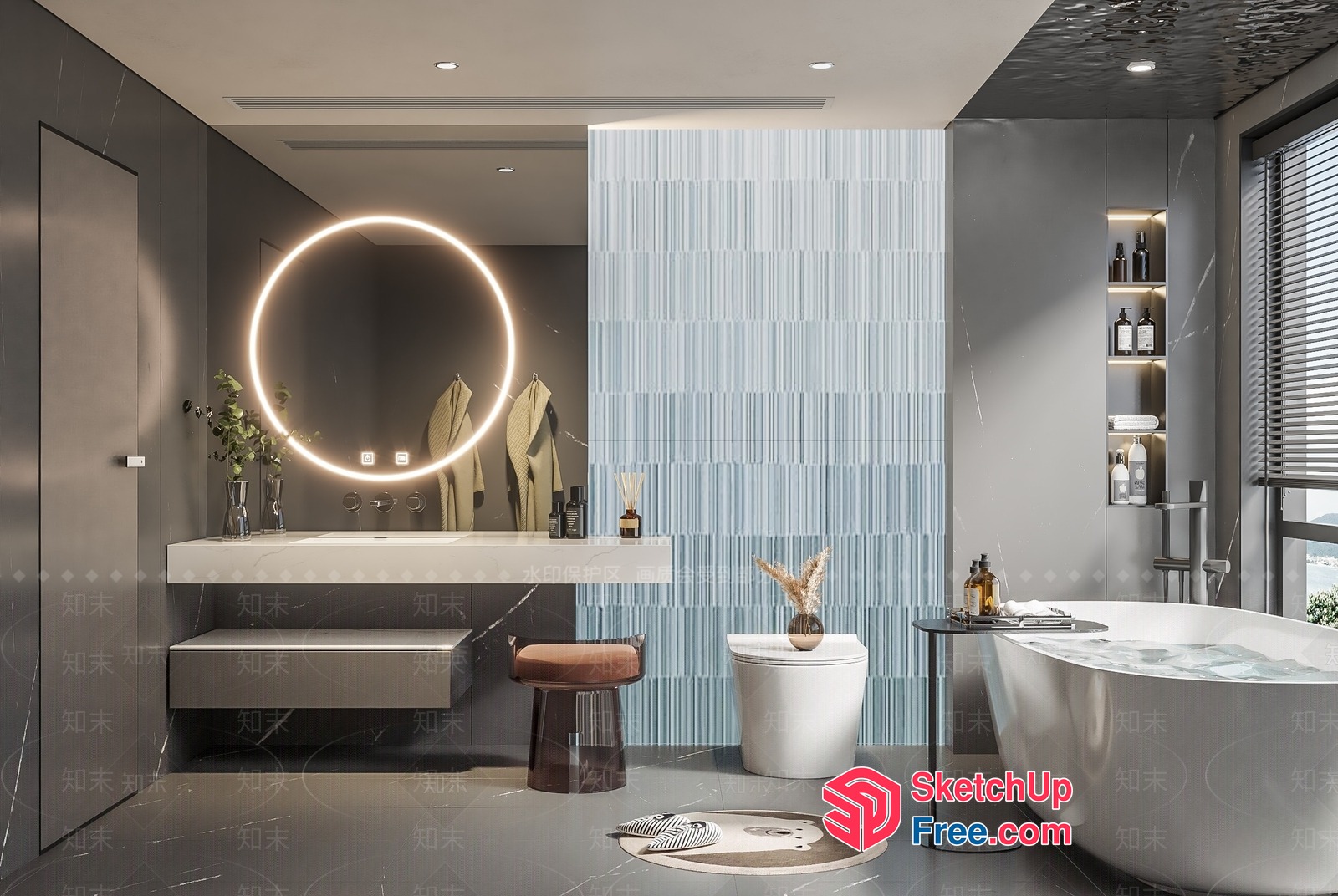 Modern Bathroom With Circular Mirror And Bathtub 3D SketchUp File