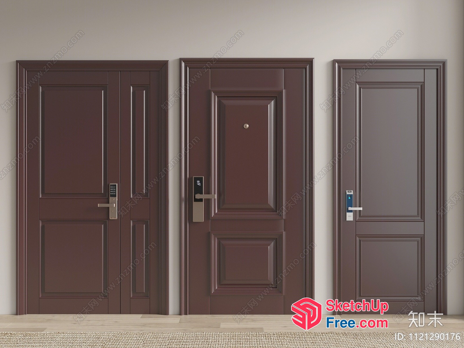 Three Brown Doors With Various Locks 3D SketchUp File