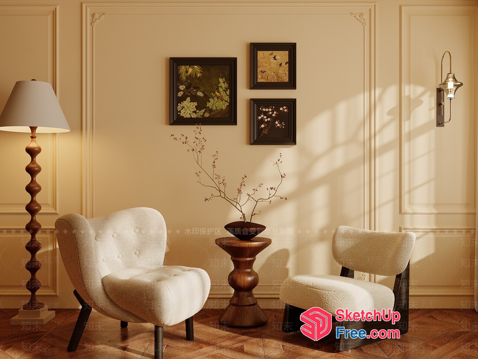 Elegant Creamy Style Living Room Interior 3D SketchUp File