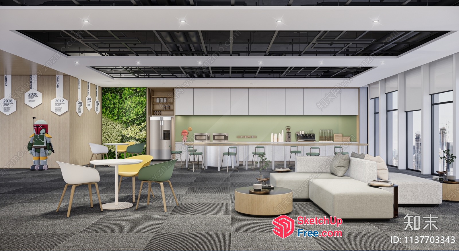 Modern Office Space With Green Wall And Minimalist Furniture 3D SketchUp File