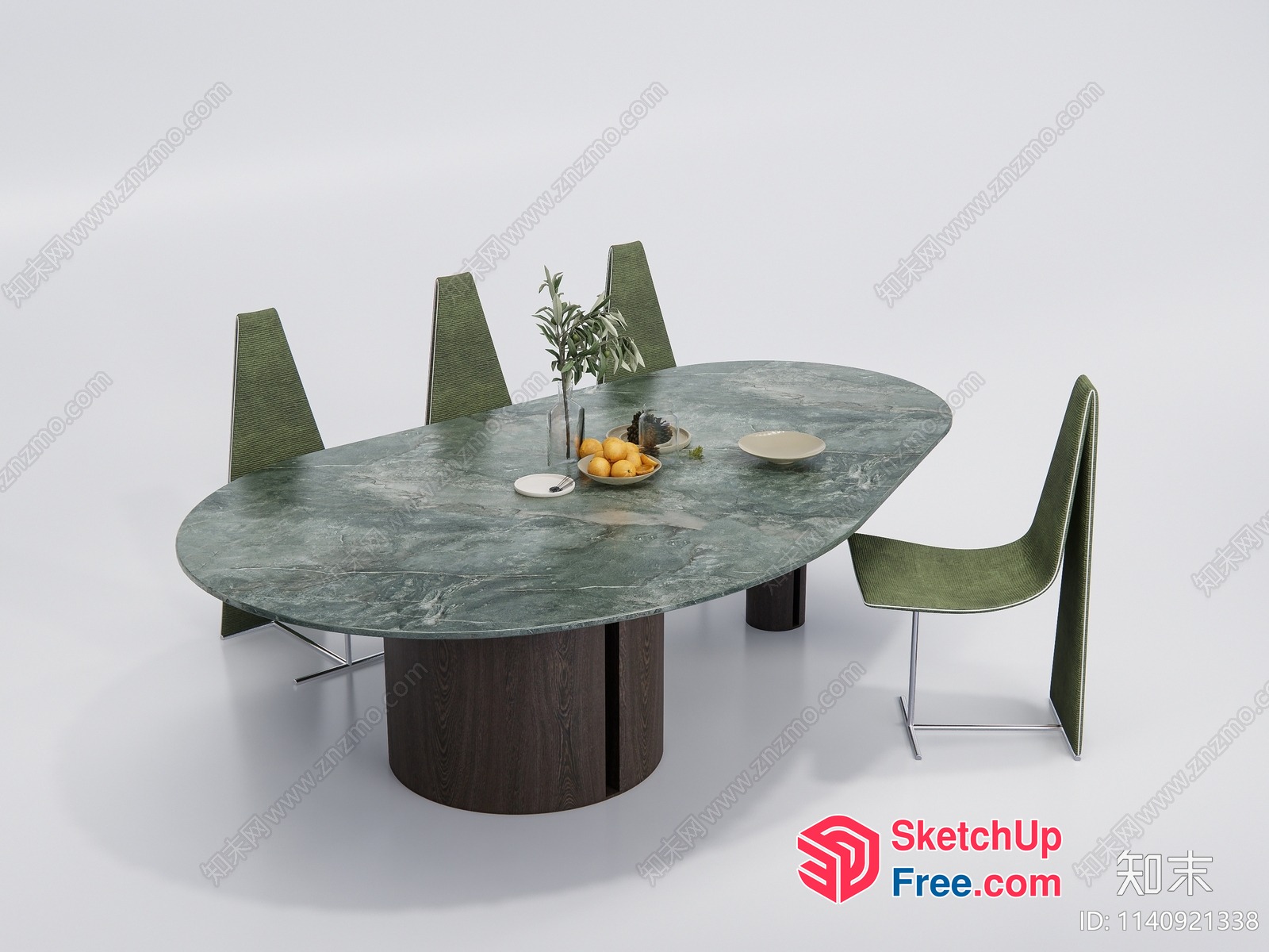 Oval-Shaped Dining Table With Green Marble Top And Dark Wood Base 3D SketchUp File