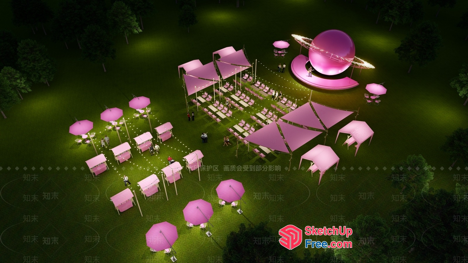 Outdoor Event Venue With Pink Decorations And Unique Stage Design 3D SketchUp File