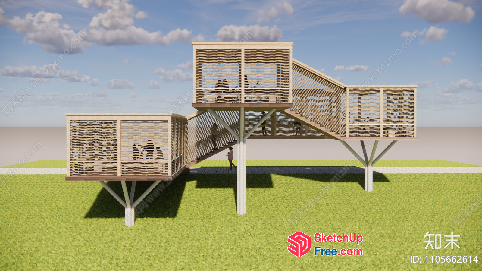 Exterior Stairway With Railings And Wooden Balconies 3D SketchUp File