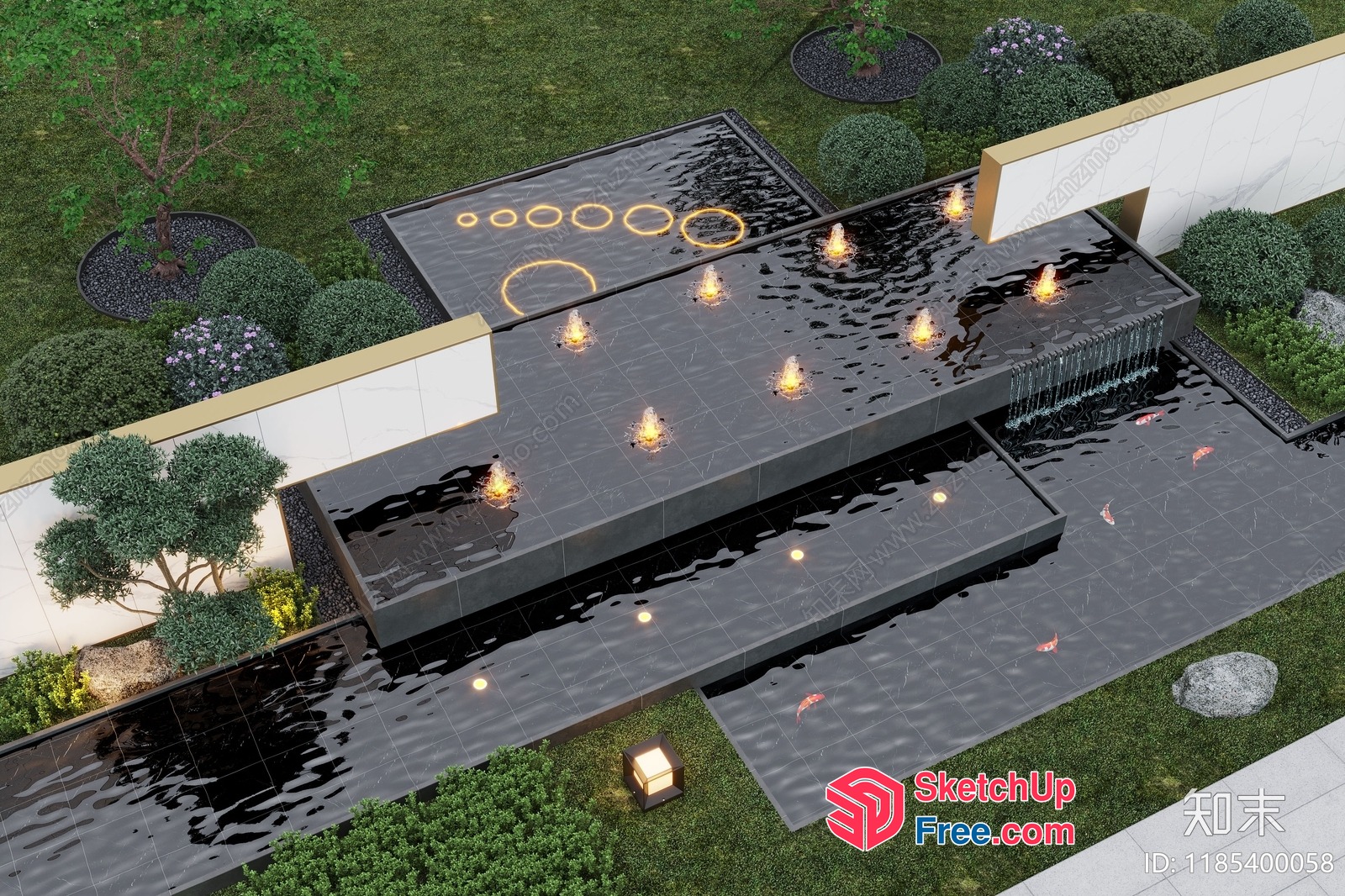 Modern Zen Garden With Water Features And Fish 3D SketchUp File
