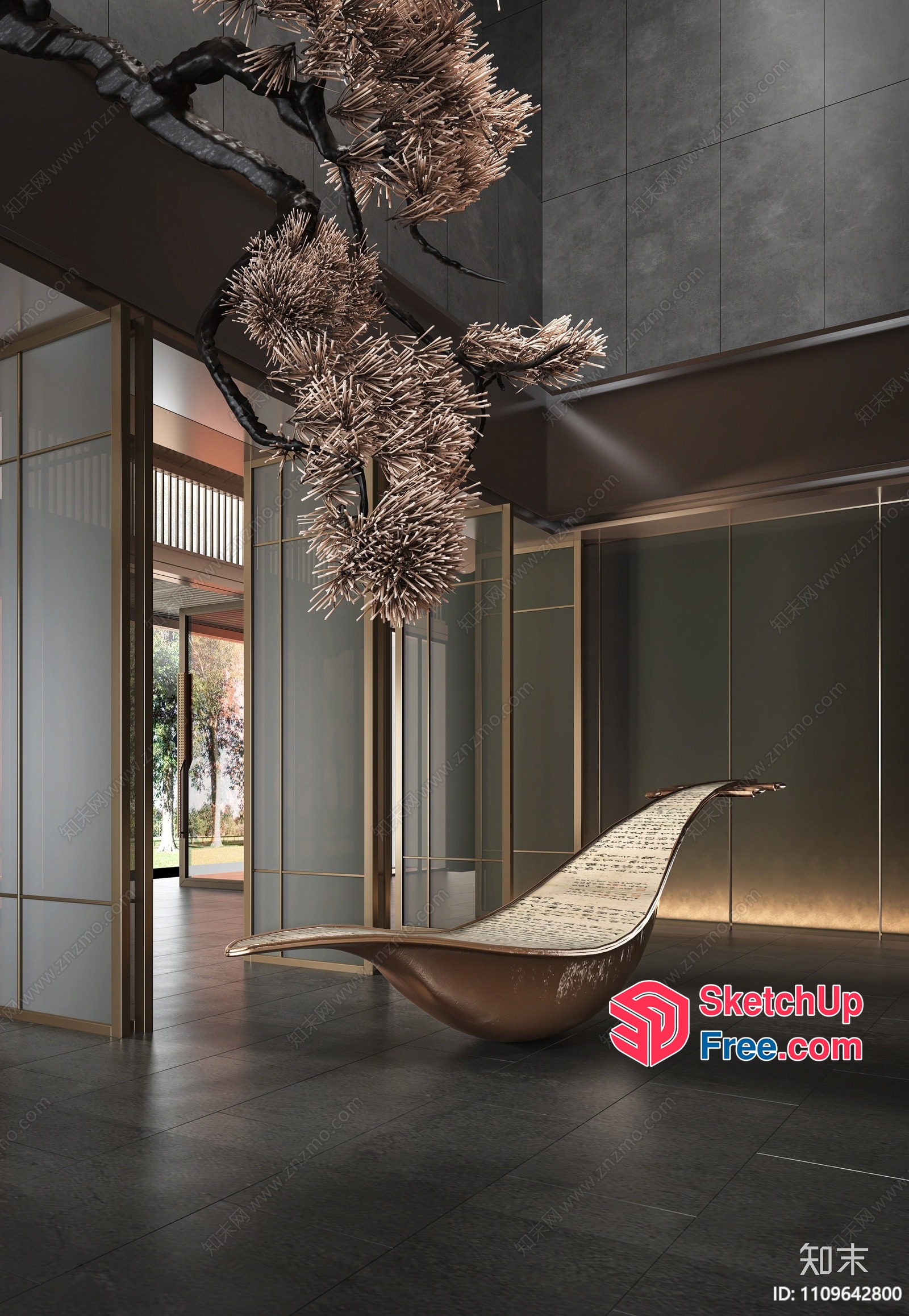 Elegant Curved Bench And Tree Sculpture In Modern Interior 3D SketchUp File