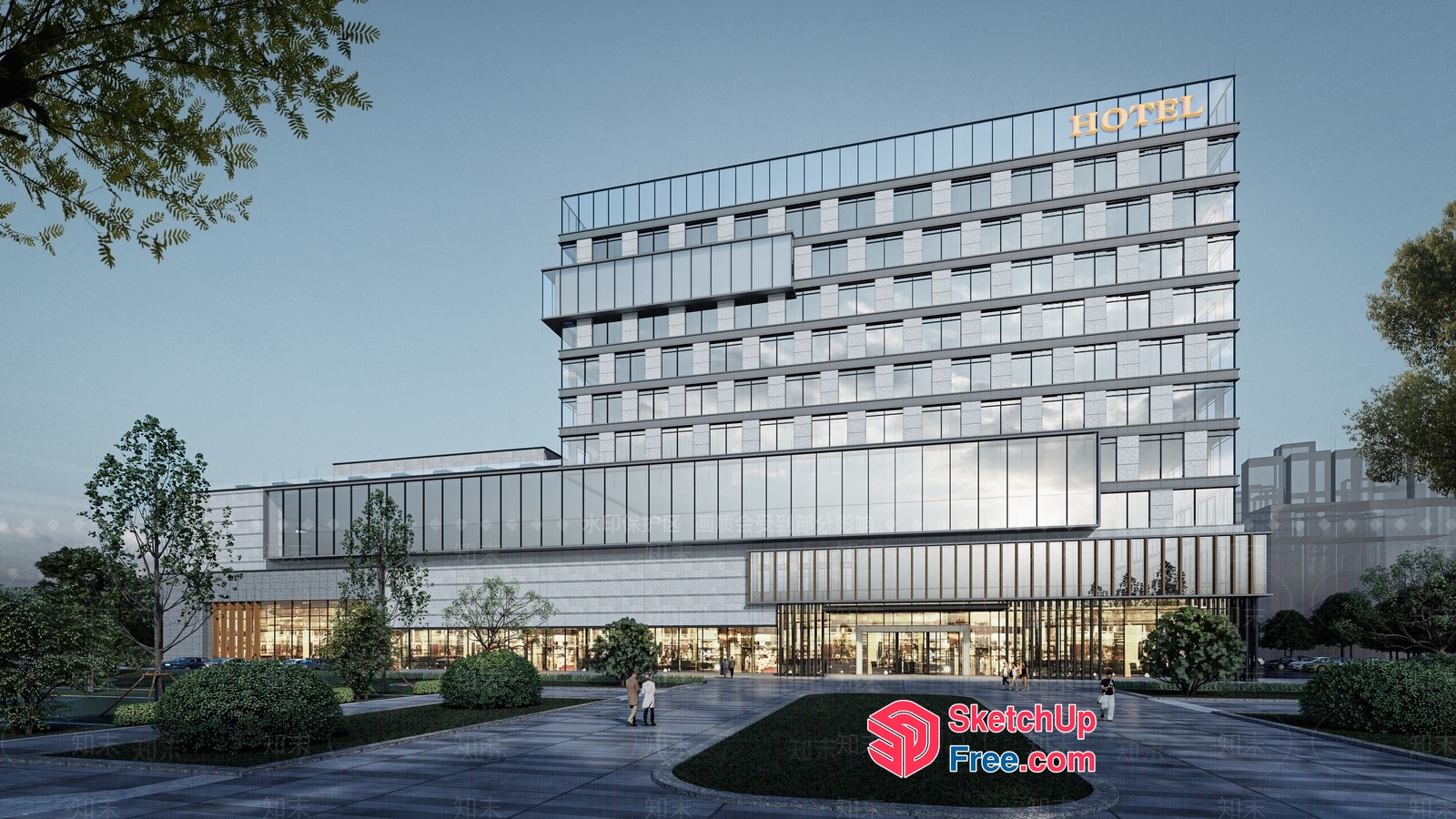 Modern Hotel Exterior With Elegant Glass Curtain Wall 3D SketchUp File