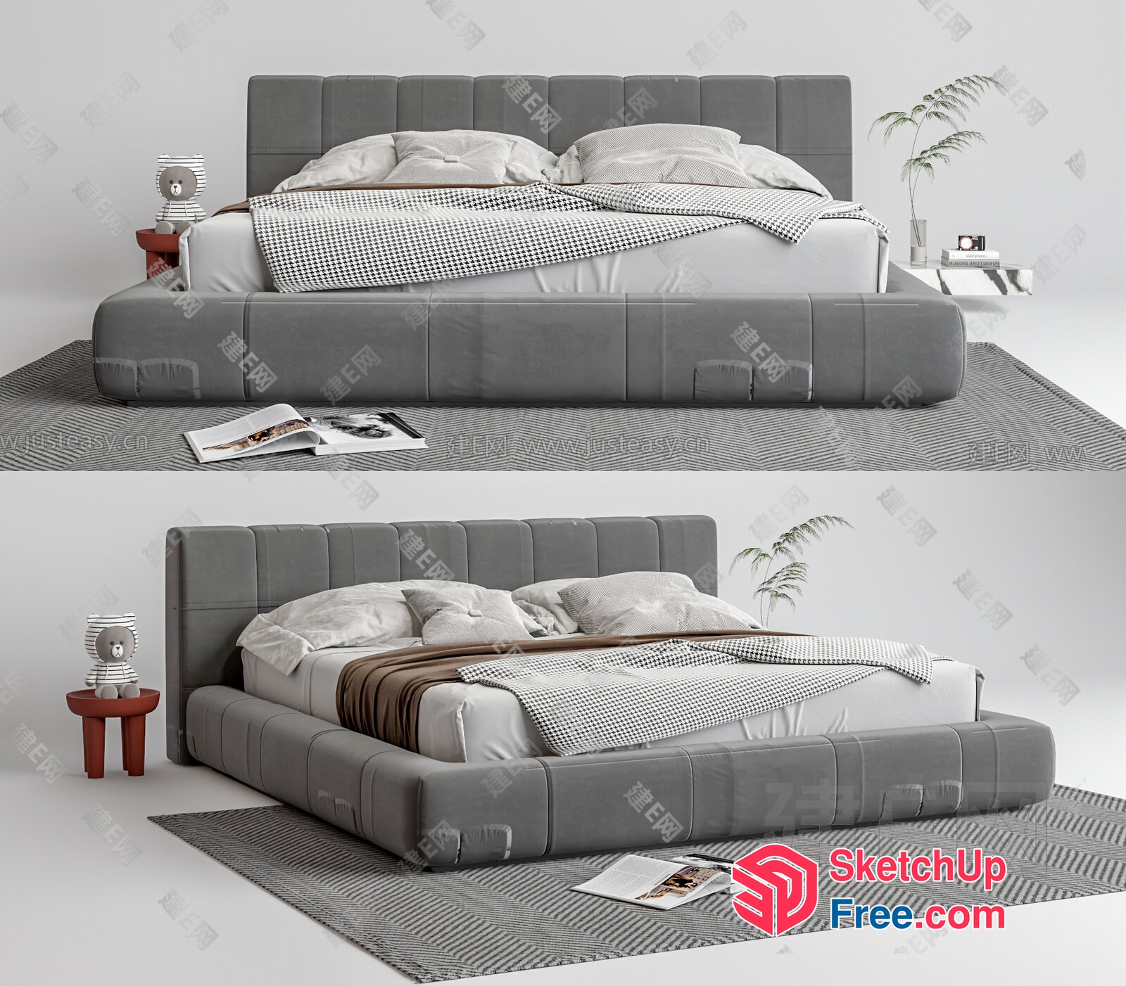 Modern Minimalist Bed With Bedside Table 3D SketchUp File