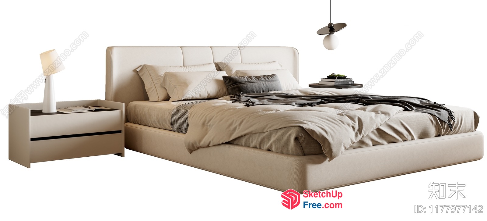 Modern Beige Bed With Matching Nightstand And Lamp 3D SketchUp File