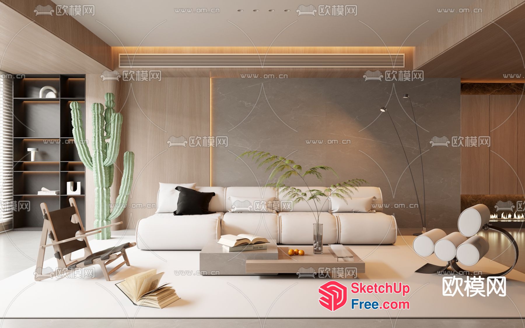 Modern Living Room With White Furniture And Cactus 3D SketchUp File