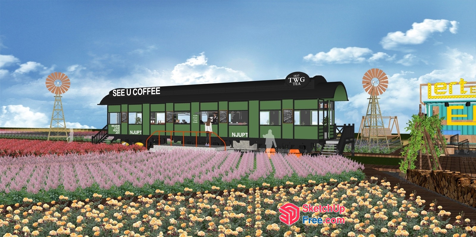Exterior Of A Train-Themed Coffee Shop With A Field Of Flowers 3D SketchUp File