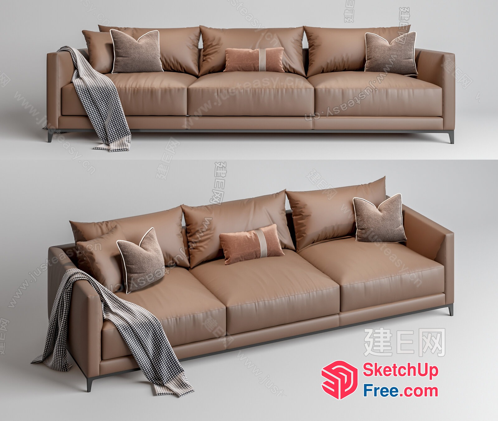 Elegant Beige Leather Sofa With Pillows And Throw 3D SketchUp File