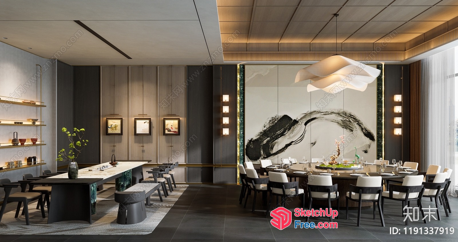 Elegant Dining Room With Modern Lighting And Asian-Inspired Decor 3D SketchUp File