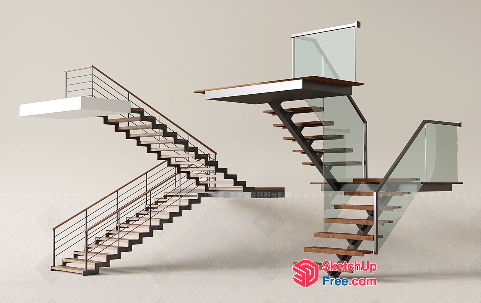 Modern Staircase With Glass Railings And Wooden Steps 3D SketchUp File
