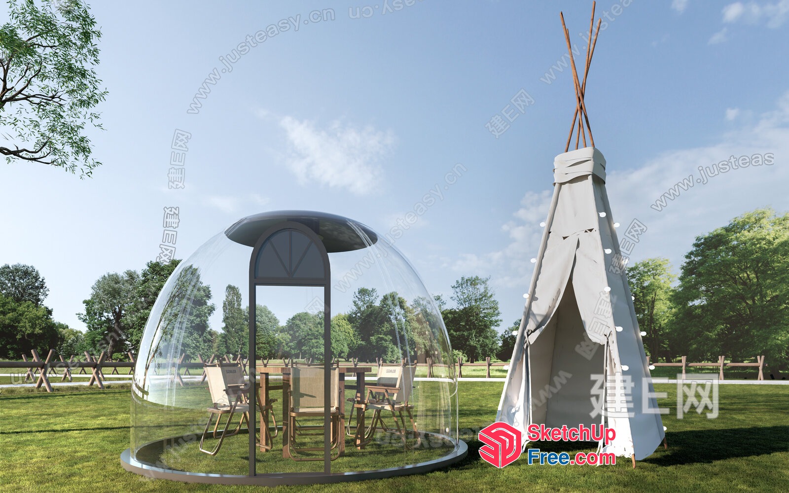 Transparent Dome With Table And Chairs In A Park 3D SketchUp File