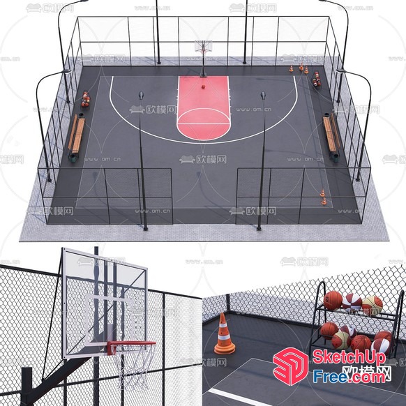 Basketball Court With Benches And Hoop 3D SketchUp File