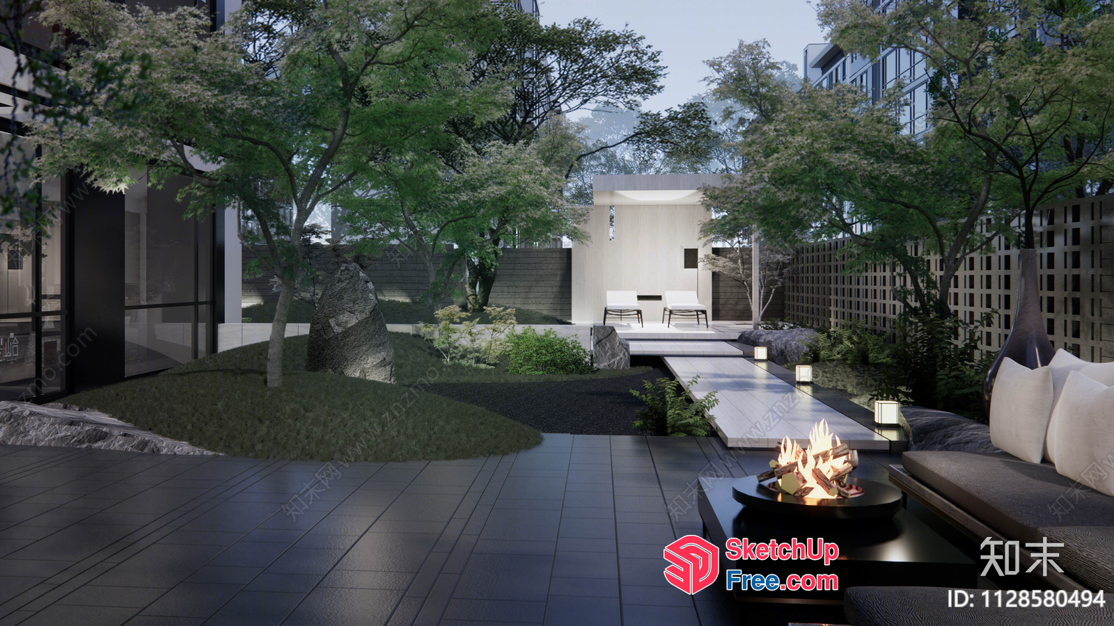 Modern Japanese-Style Courtyard With Fire Pit 3D SketchUp File