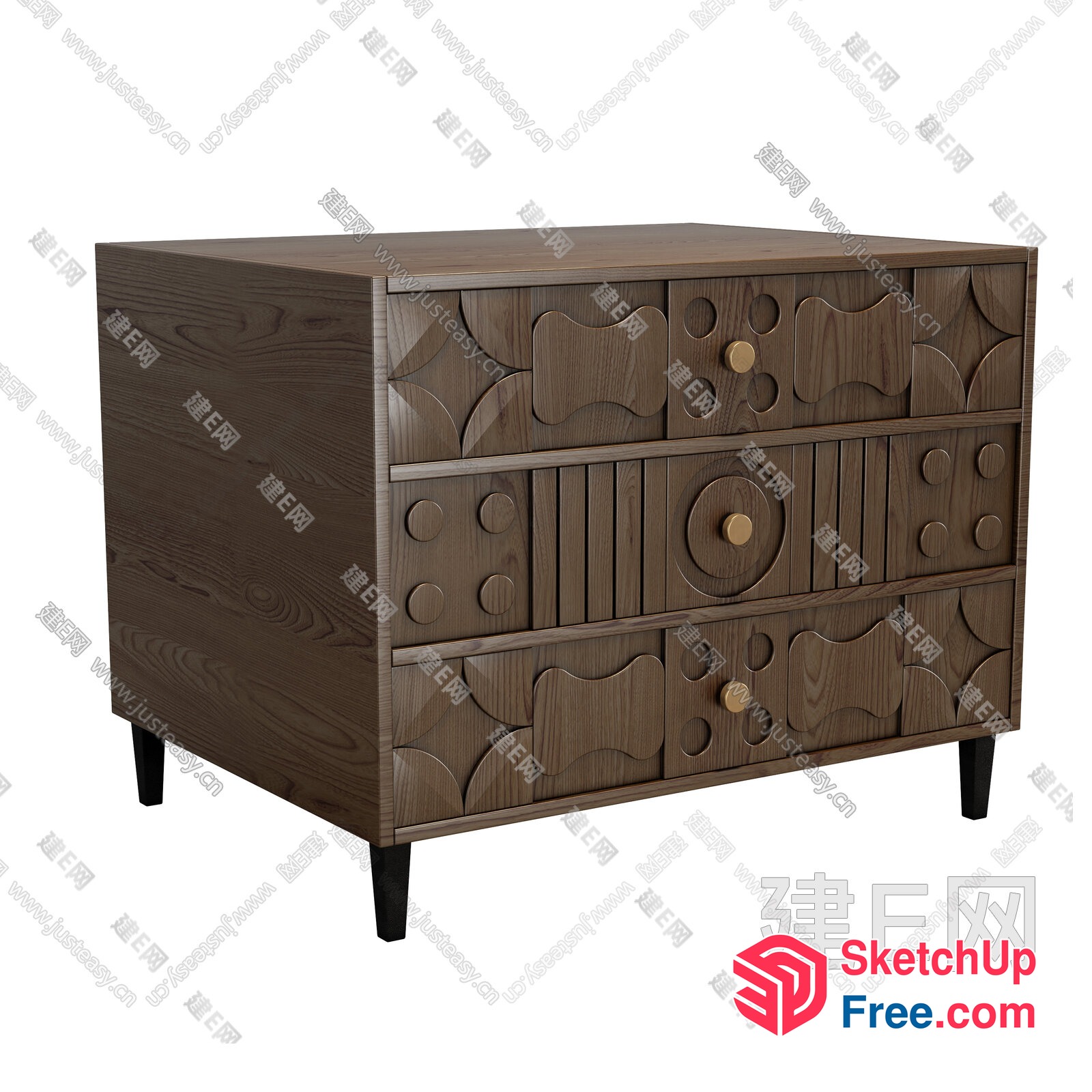 Wooden Dresser With Carved Details And Gold Knobs 3D SketchUp File