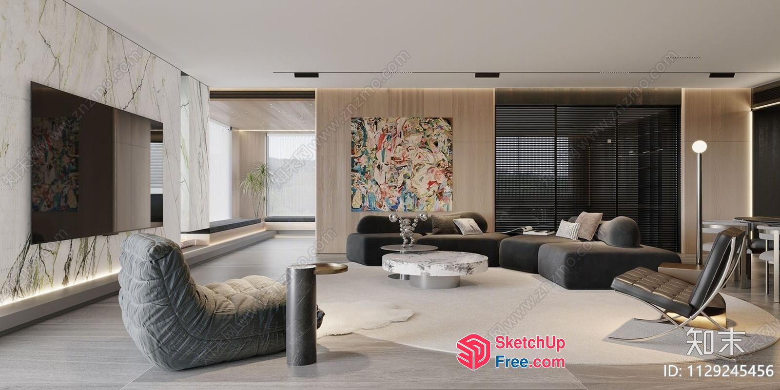 Modern Minimalist Living Room With Elegant Furniture And Art 3D SketchUp File