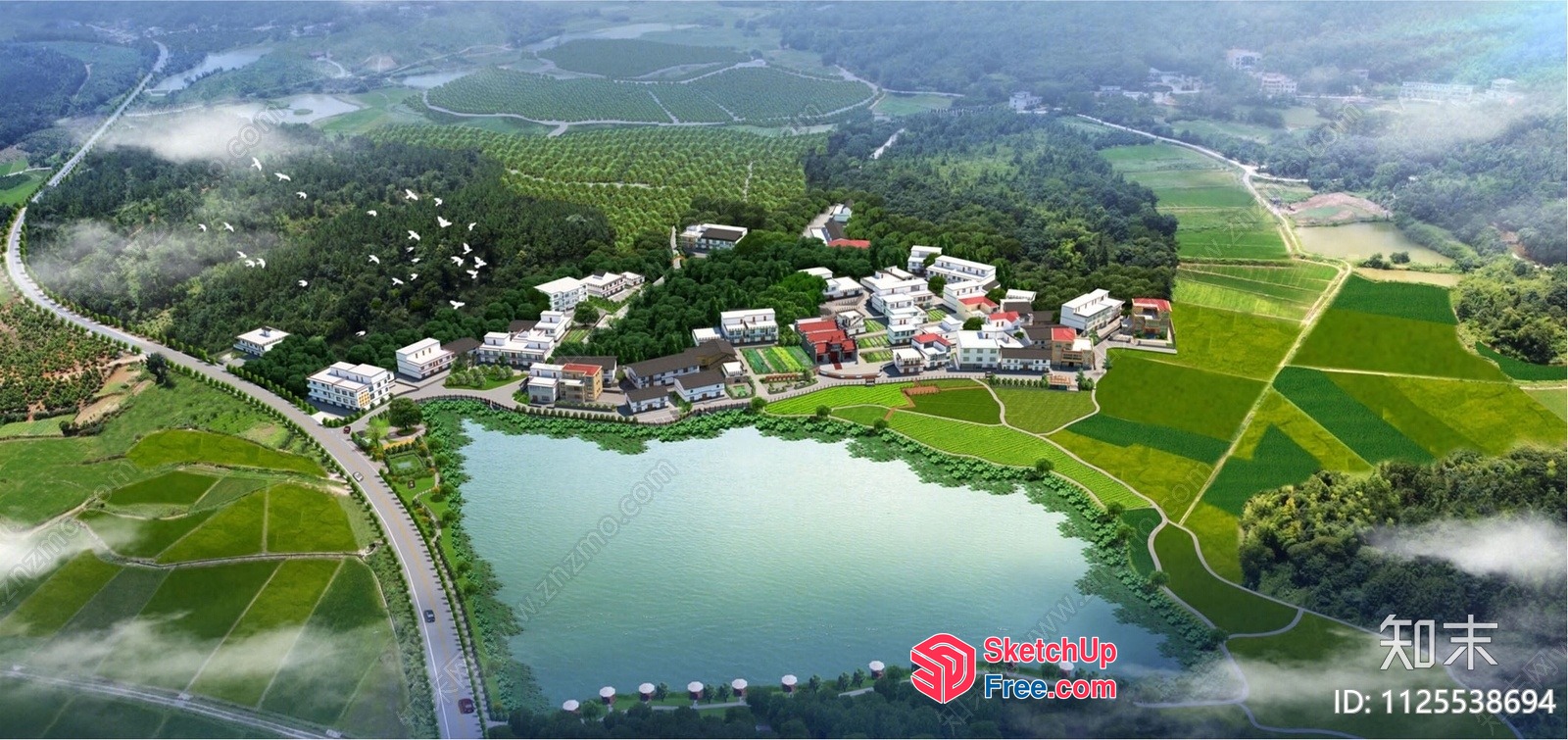 Aerial View Of A Serene Landscape With Buildings, Lake, And Fields 3D SketchUp File