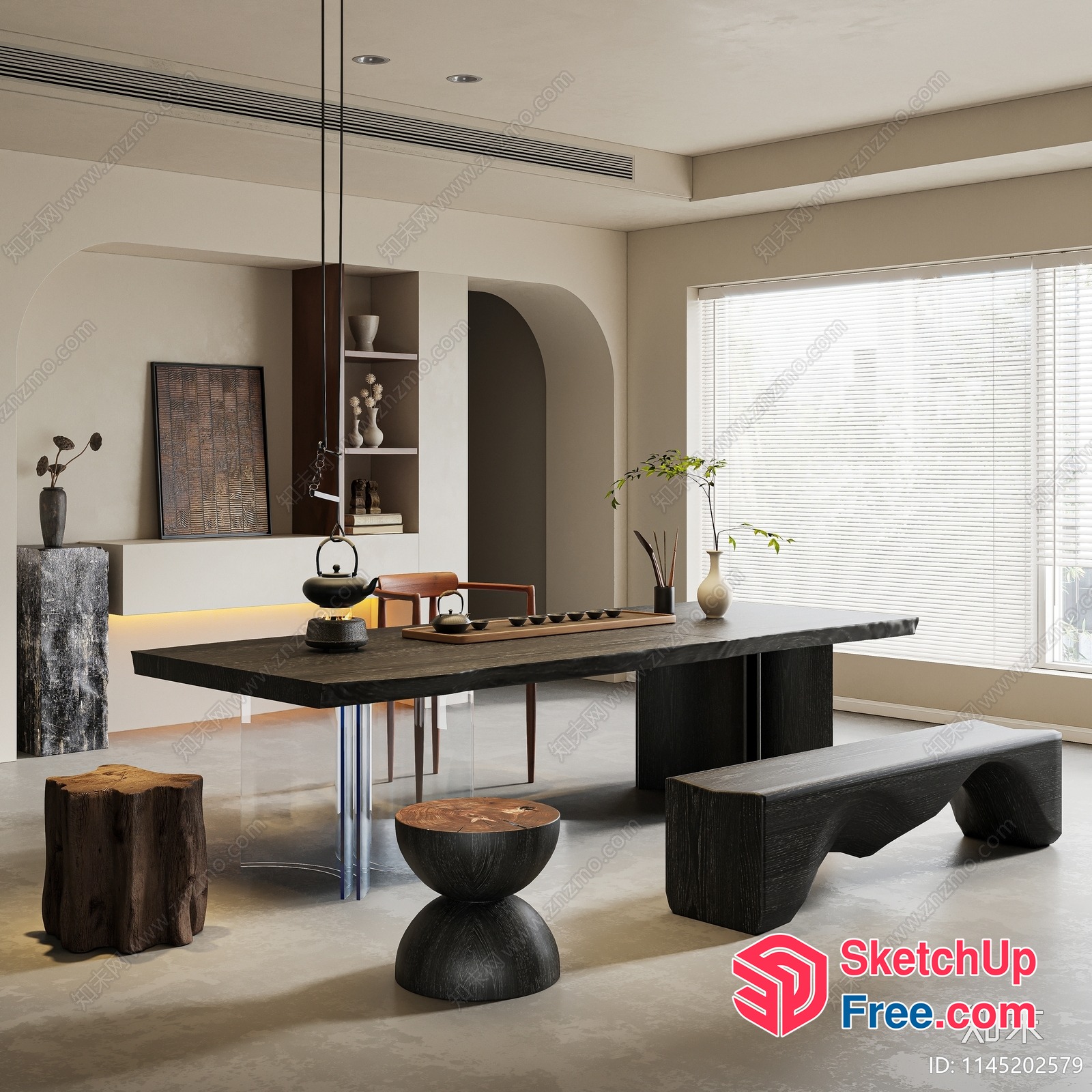 Minimalist Japanese-Style Dining Room With Natural Wood Accents 3D SketchUp File