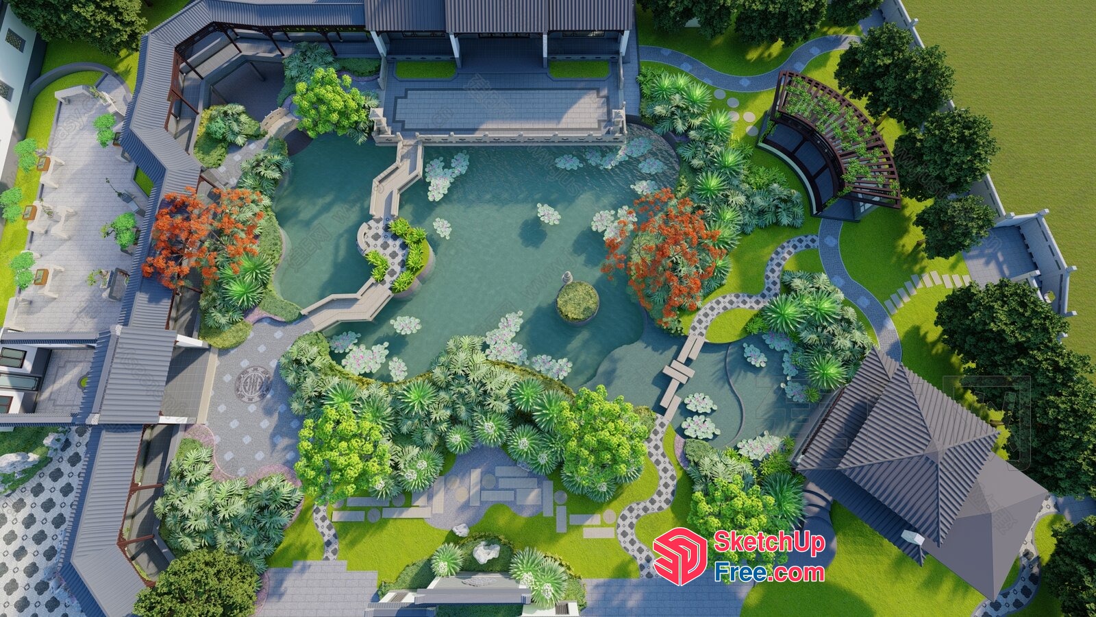 Serene Garden Oasis With Traditional Chinese Architecture 3D SketchUp File