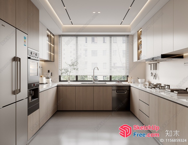 Modern Kitchen With White Countertops And Wood Cabinets 3D SketchUp File