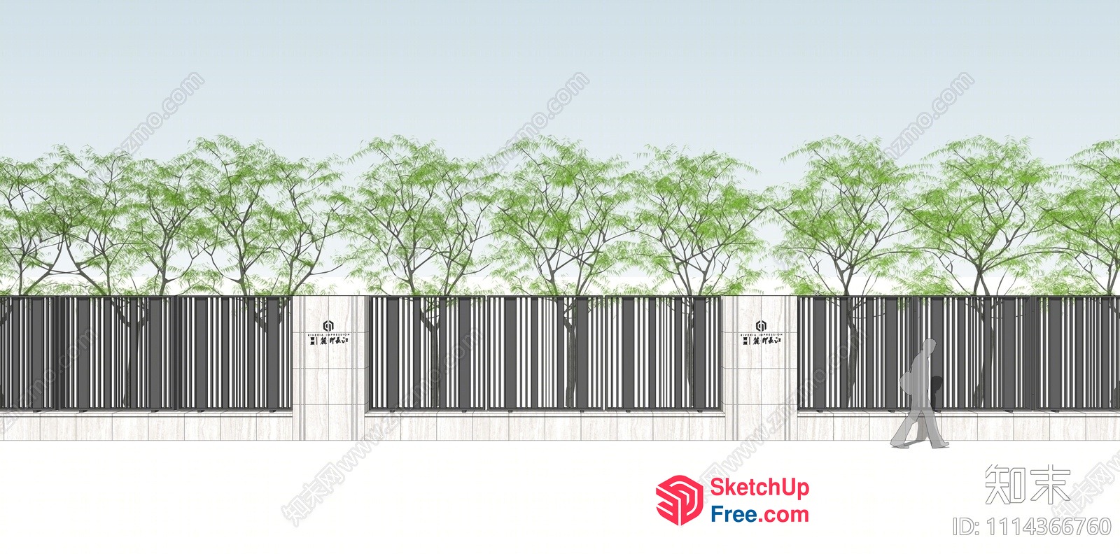 Exterior Fence With Trees And Asian Text 3D SketchUp File