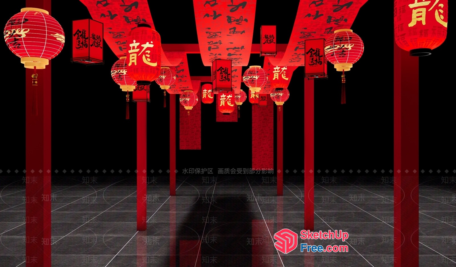 Red Lanterns And Pillars In A Dark Room 3D SketchUp File