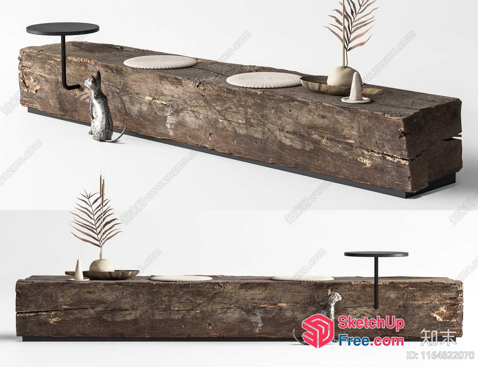 Rustic Wooden Bench With Animal Carving And Minimalist Table 3D SketchUp File