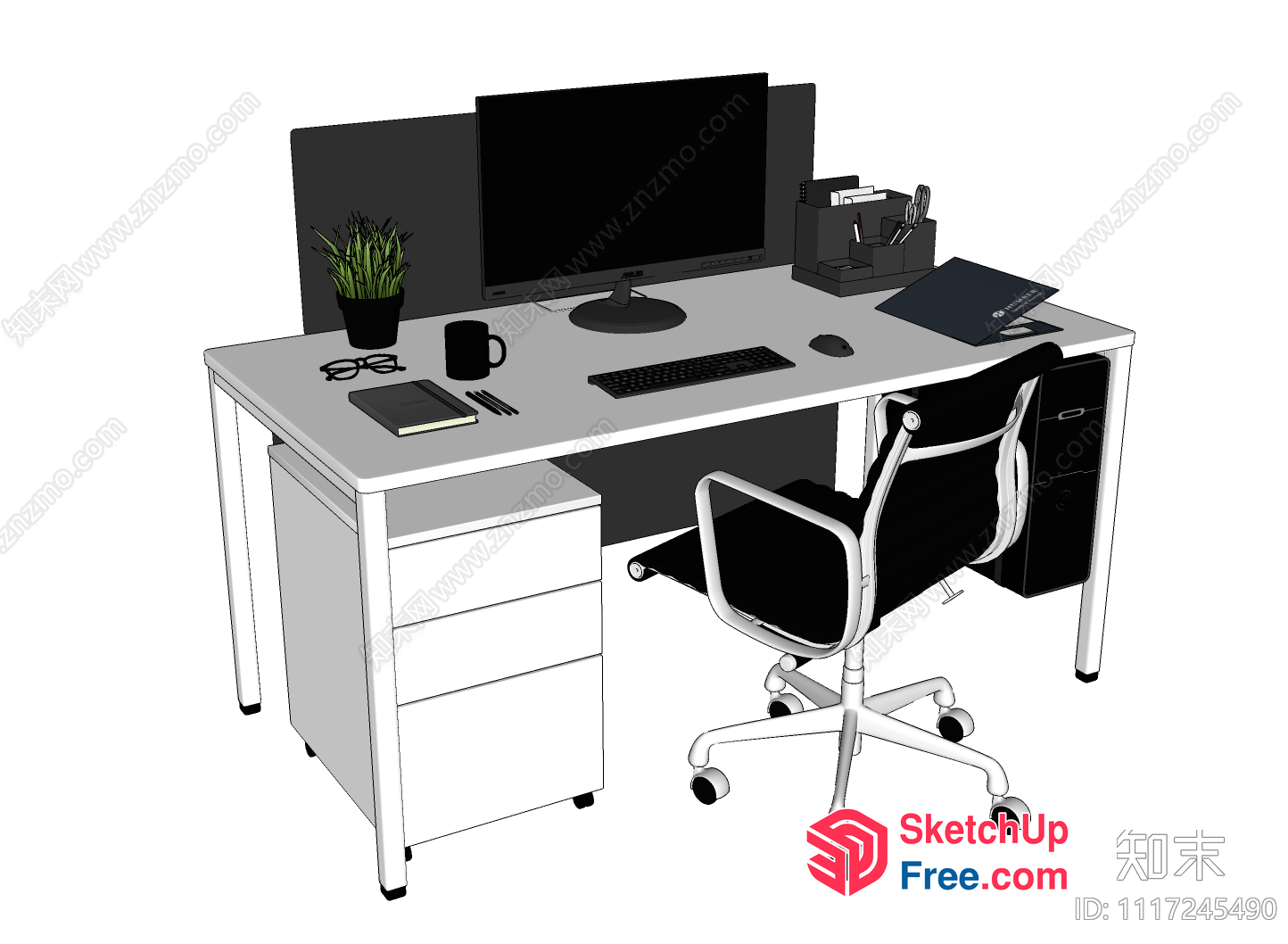Minimalist Office Desk With Computer And Chair 3D SketchUp File