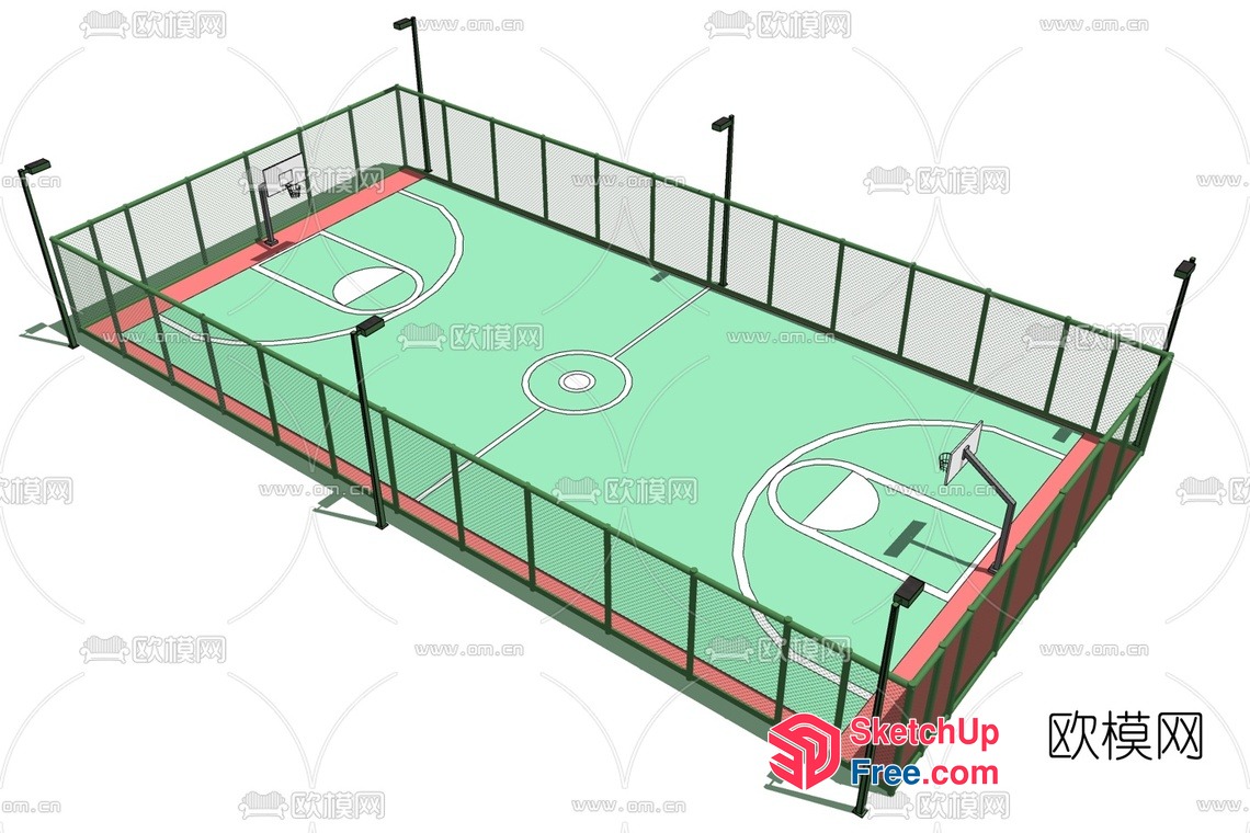 Basketball Court With Fencing And Lighting 3D SketchUp File