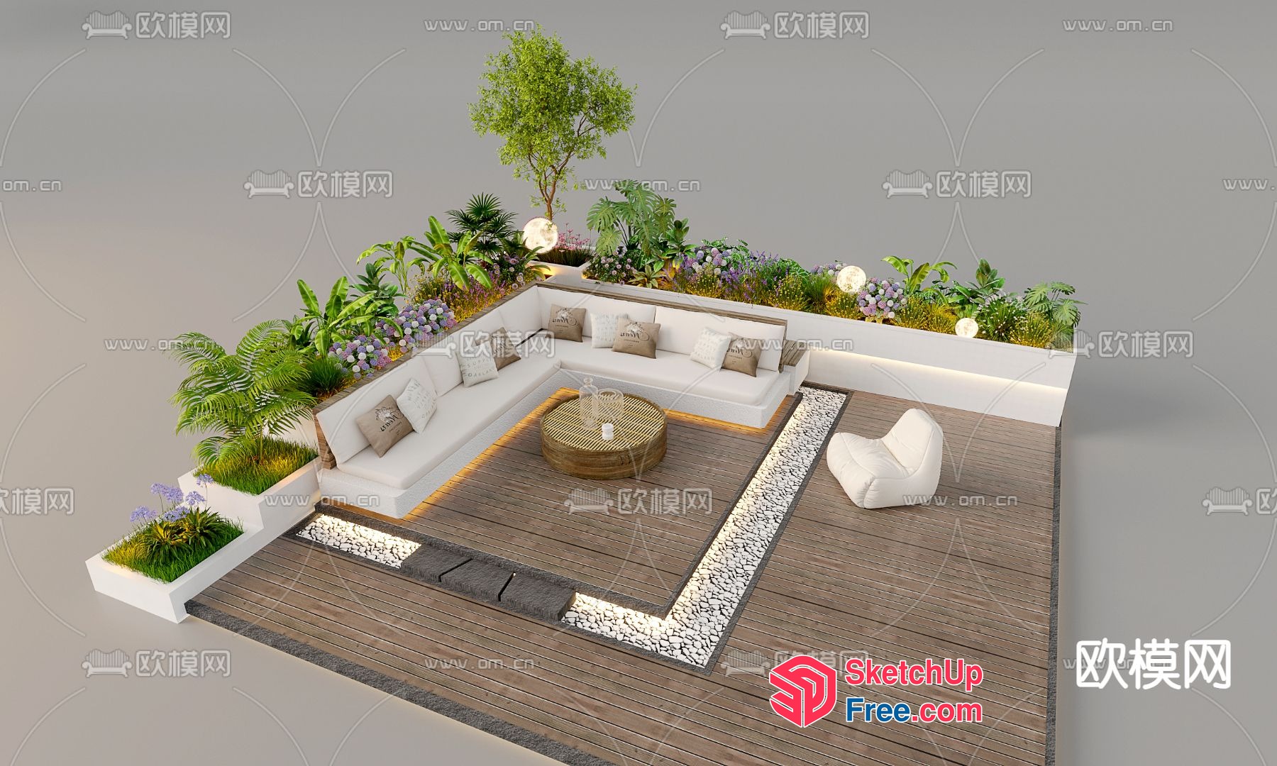 Modern Outdoor Living Space With Wooden Deck And White Furniture 3D SketchUp File