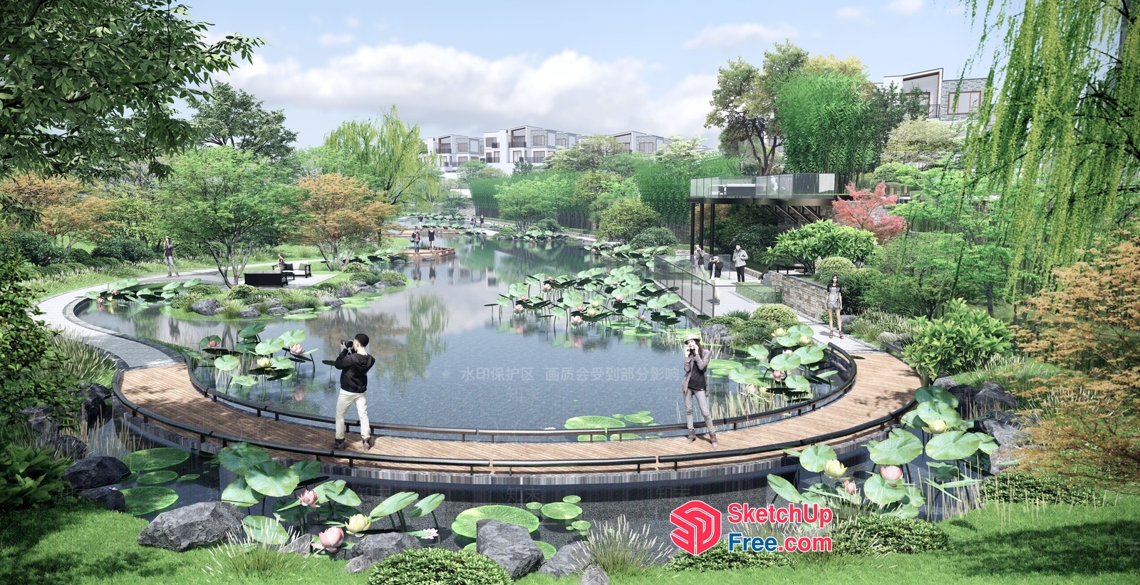 Serene Pond With Wooden Bridge And Lush Surroundings 3D SketchUp File