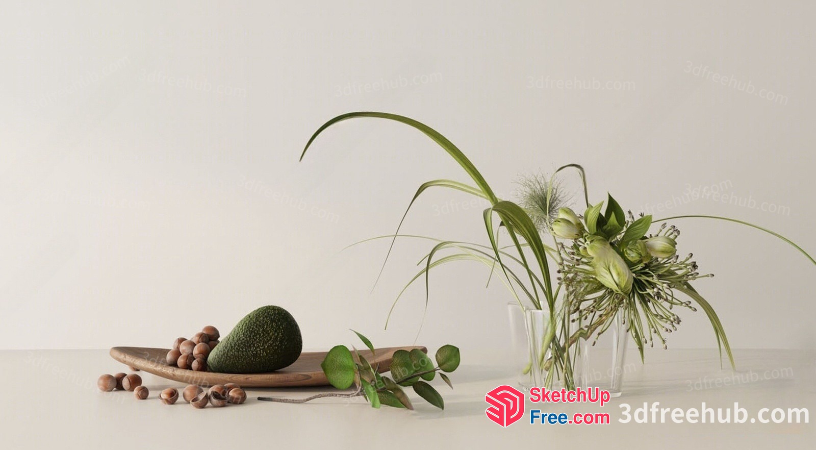 Avocado On Wooden Plate With Vase Of Flowers 3D SketchUp File