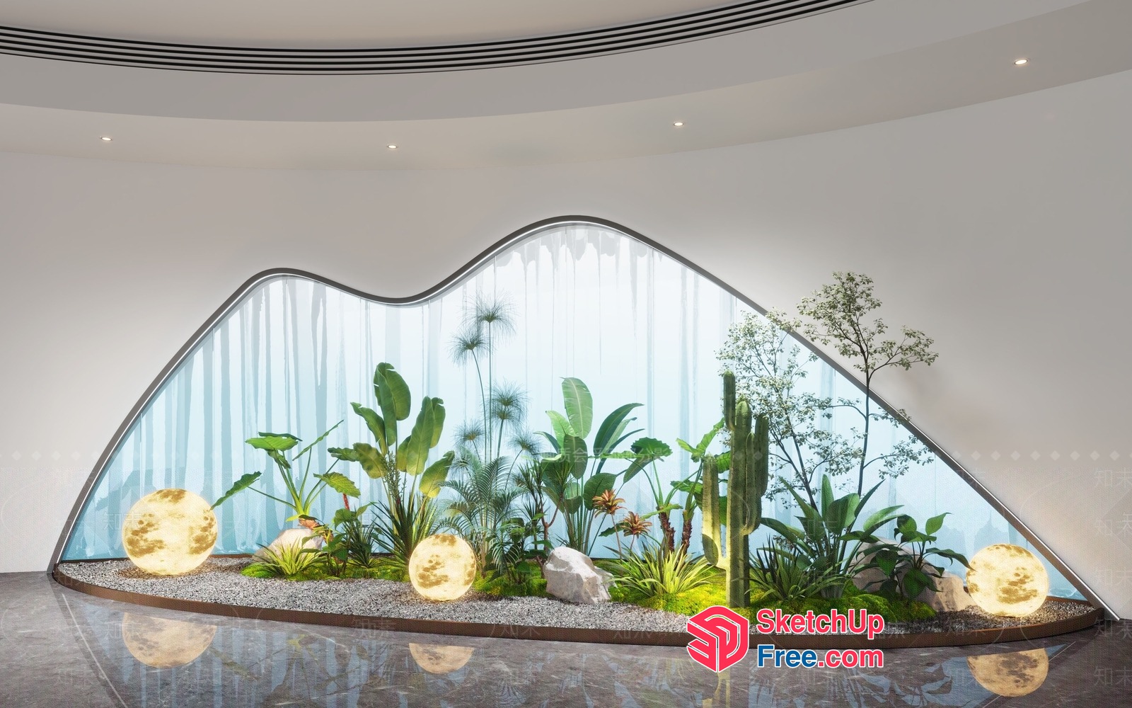 Curved Glass Wall With Lush Greenery And Decorative Elements 3D SketchUp File