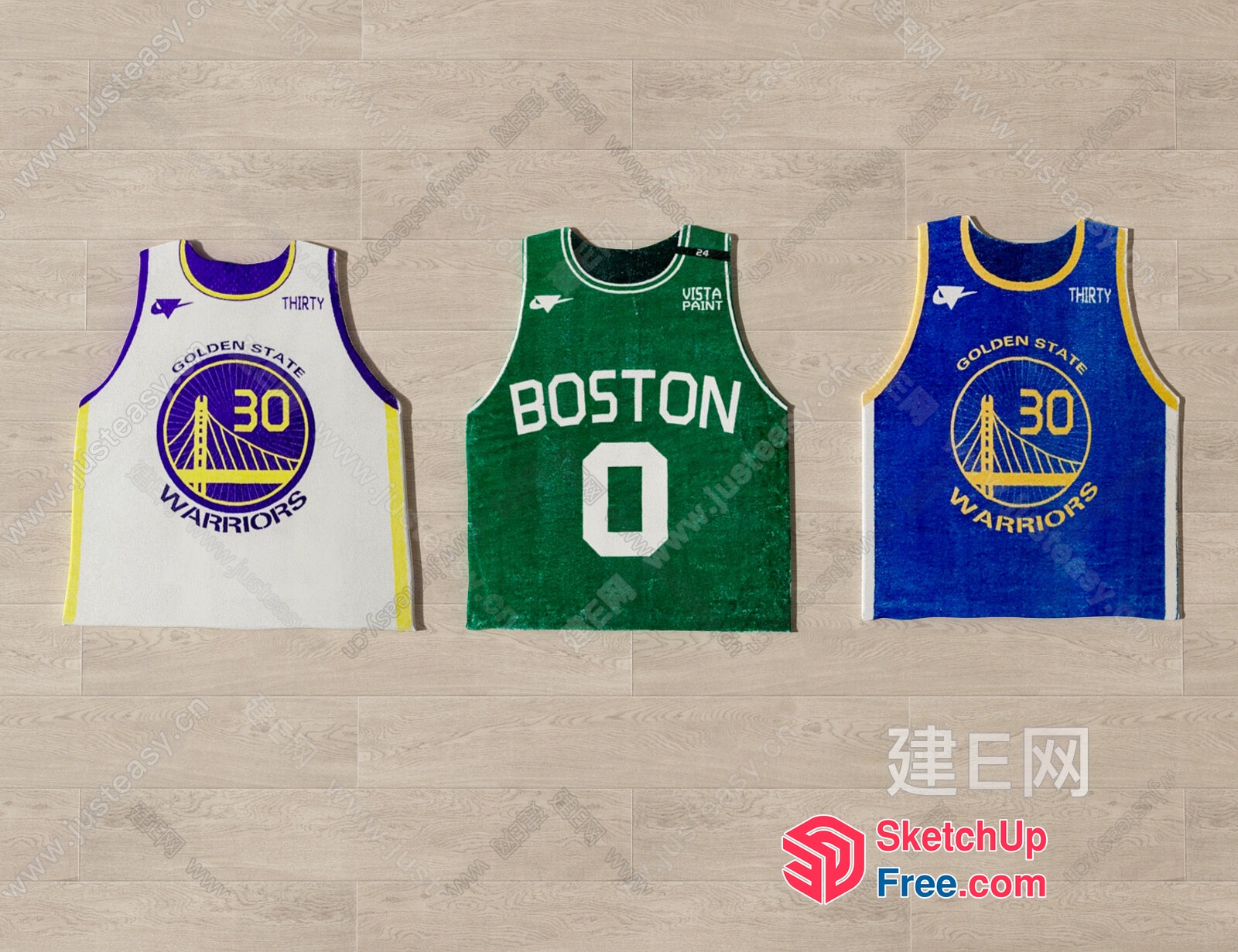 Three Basketball Jerseys On A Wooden Floor 3D SketchUp File