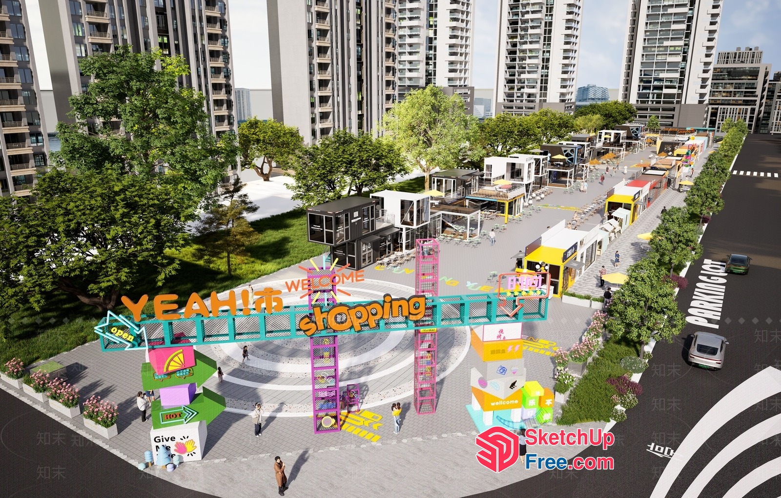 Vibrant Commercial Street With Modern Architecture And Colorful Decor 3D SketchUp File