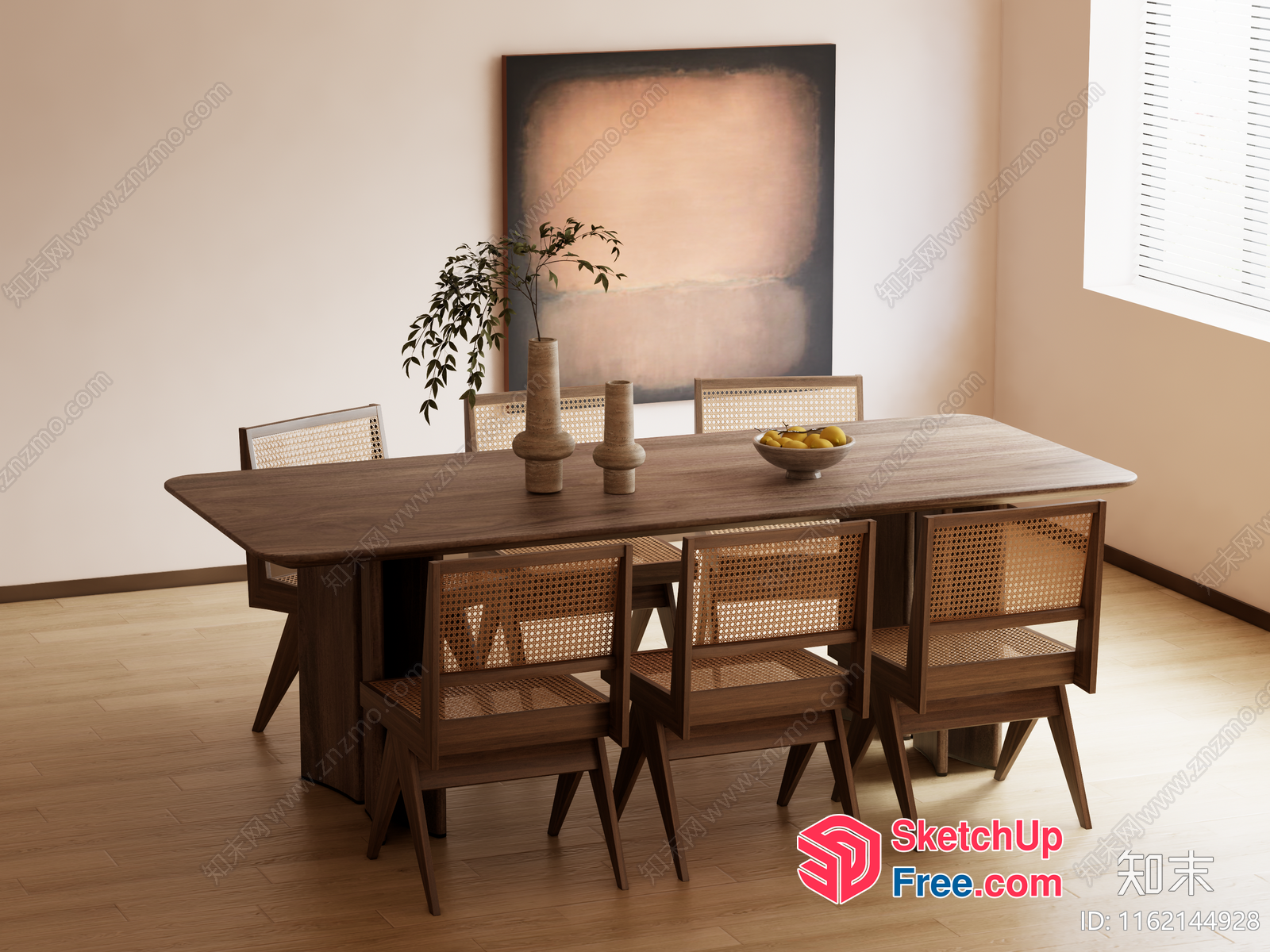 Modern Minimalist Dining Room With Wooden Table And Chairs 3D SketchUp File