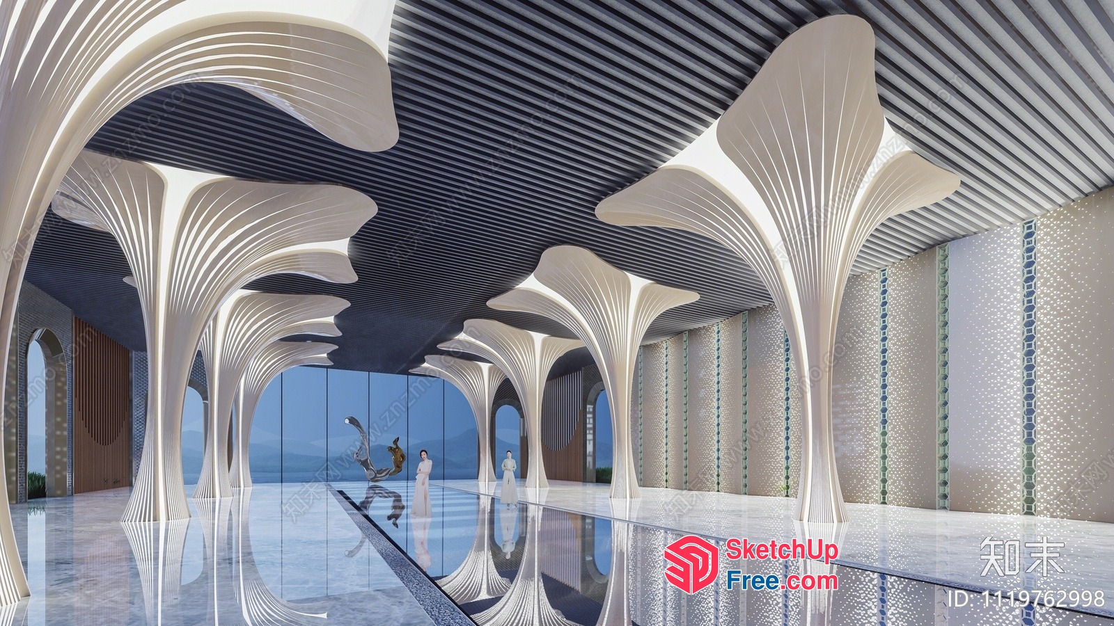 White Archways And Pillars Interior With Blue Reflections 3D SketchUp File