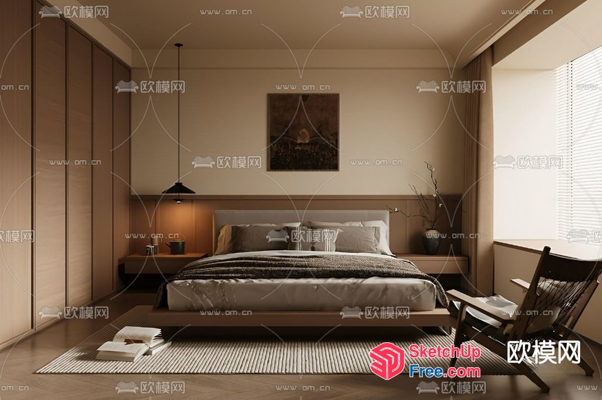Modern Minimalist Bedroom With Wooden Accents 3D SketchUp File