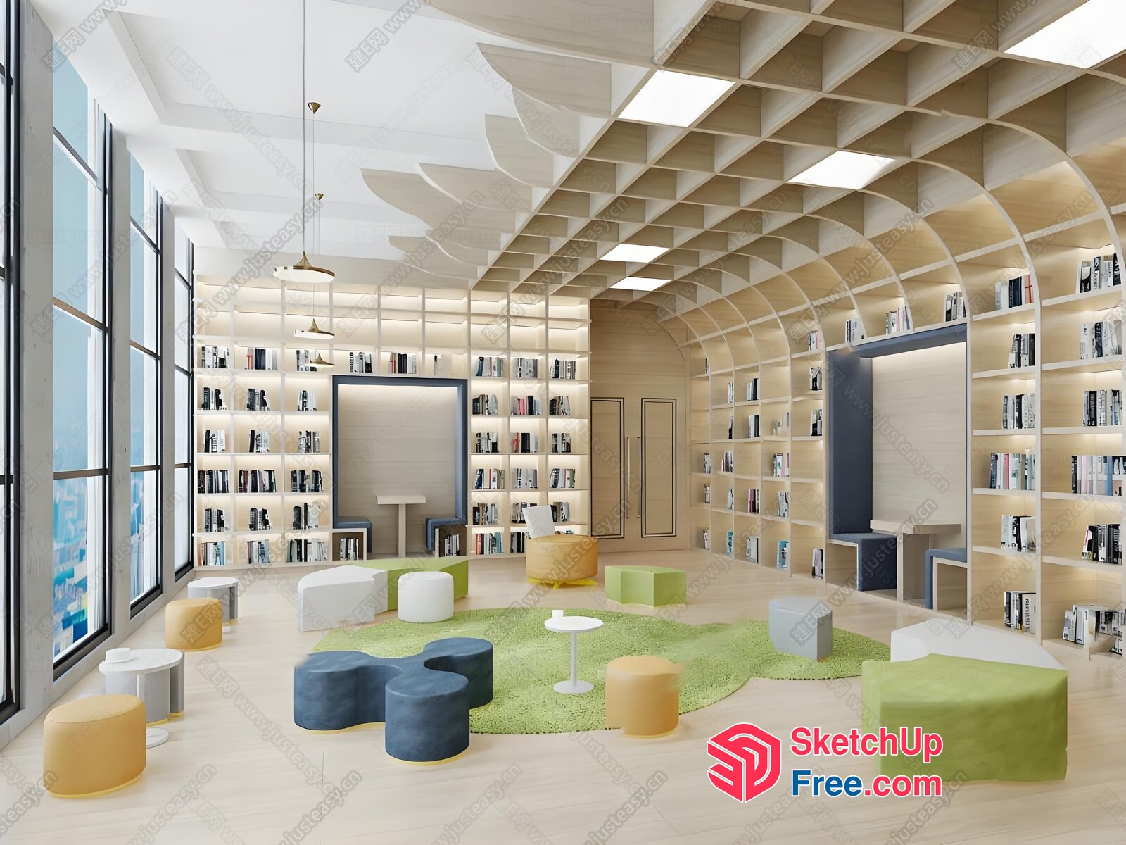 Modern Library Interior With Natural Light And Cozy Seating 3D SketchUp File